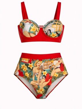 Red Retro Pinup Bikini Set with Floral & Surf Print